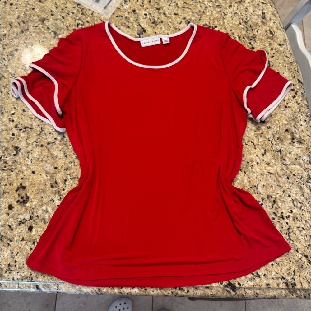 Susan Graver Red Women's Top with White Trim ruffle sleeves size Large
